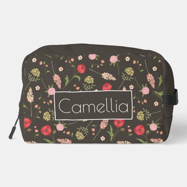 Custom Name Brown Red Pink Floral Pattern Dopp Kit (Back)