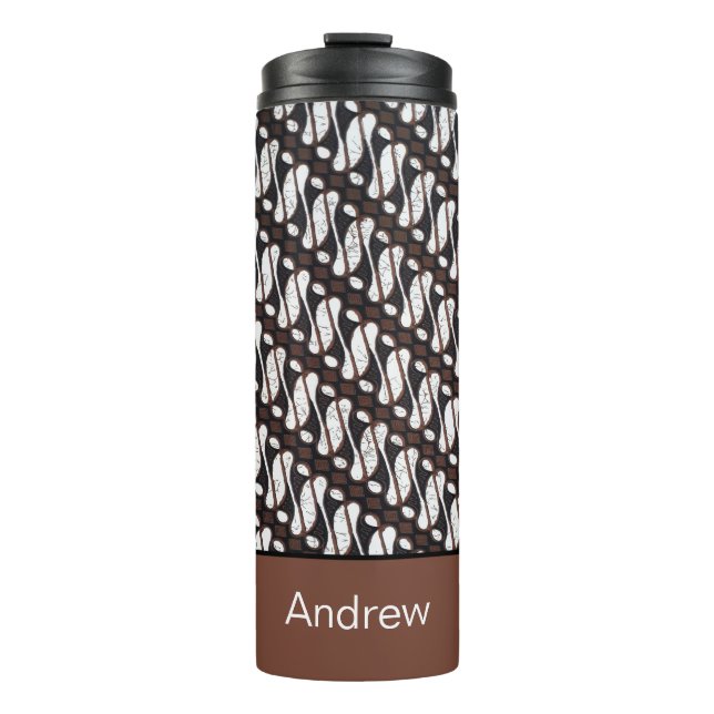 Custom Name Brown White Java Ethnik Batik Thermal Tumbler (Front)