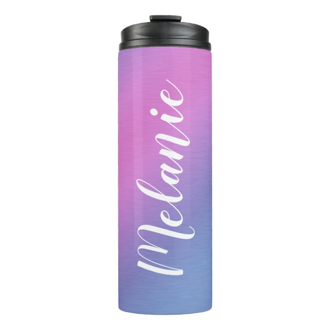 Custom Name Brushed Metal Ombre Gradient Pink Thermal Tumbler (Front)