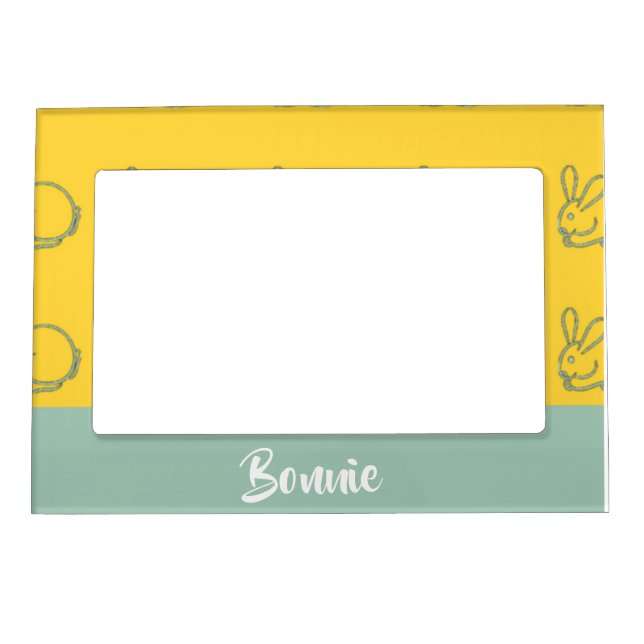 Custom name bunnies on yellow magnetic frame (Front)