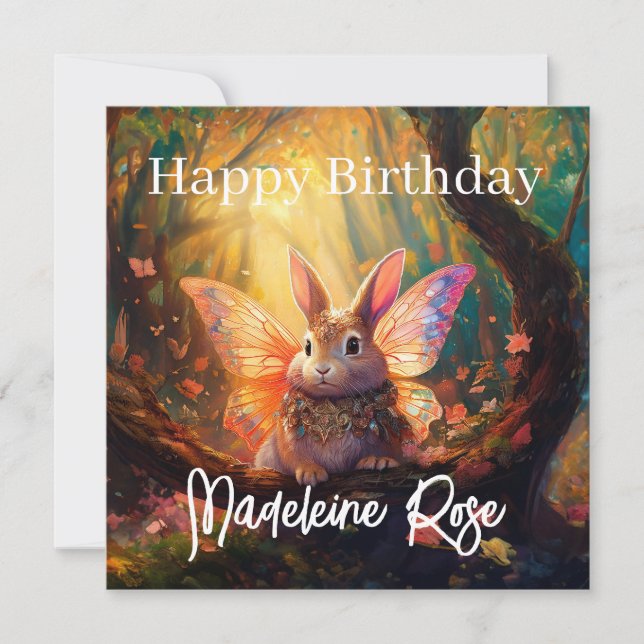 Custom Name Bunny enchanted forest Happy Birthday Card (Front)
