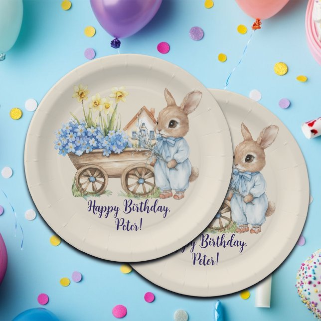 Custom Name Bunny with Blue Flowers Birthday Party Paper Plates (Creator Uploaded)
