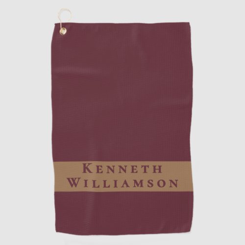 Custom Name Burgundy Brass Minimalist Men Modern  Golf Towel