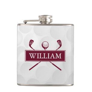 Custom Name Burgundy Clubs And Ball Flask