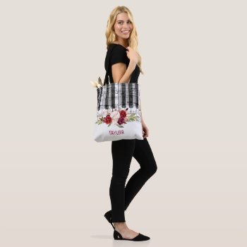 Custom Name Burgundy Flowers Music Notes Piano Tote Bag by musickitten at Zazzle