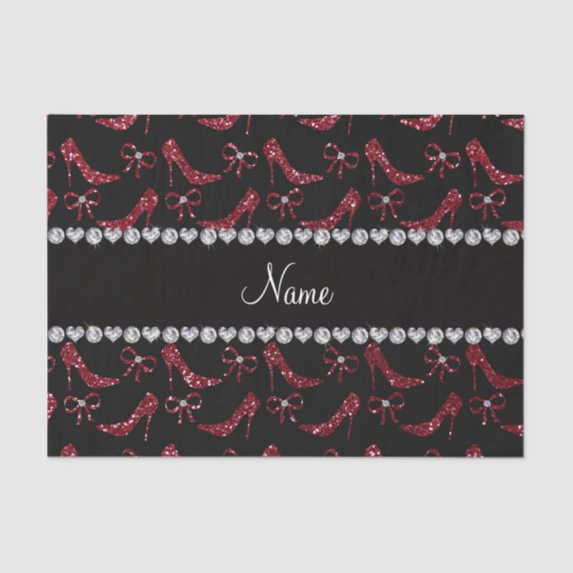 Custom name burgundy glitter high heels bow tissue paper (Front)