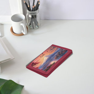 custom name burgundy japanese mount fuji tri-fold wallet