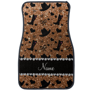 Custom name burnt gold glitter cowboy boots hats car mat
