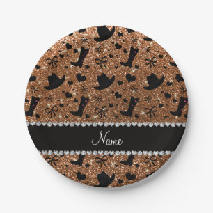 Custom name burnt gold glitter cowboy boots hats paper plates