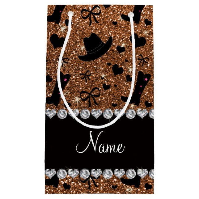 Custom name burnt gold glitter cowboy boots hats small gift bag (Front)