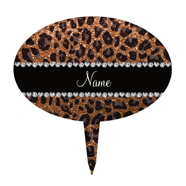 Custom name burnt gold glitter leopard print cake topper (Front)