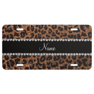 Custom name burnt gold glitter leopard print license plate