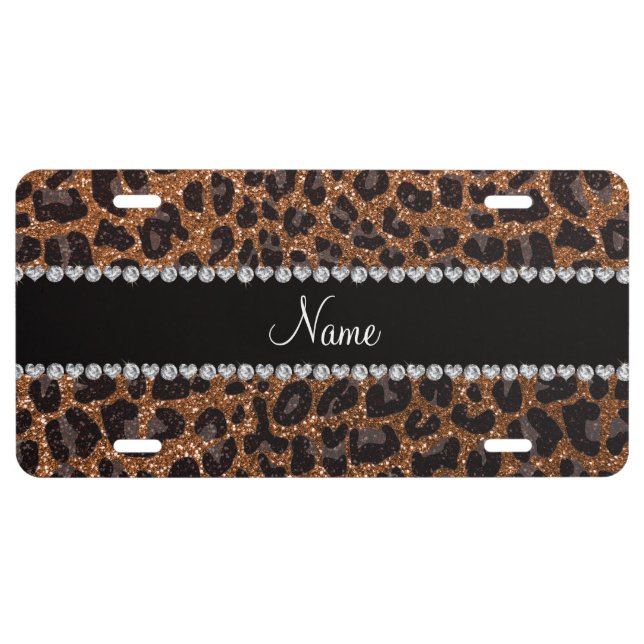Custom name burnt gold glitter leopard print license plate (Front)