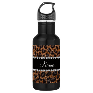 Custom name burnt gold glitter leopard print water bottle