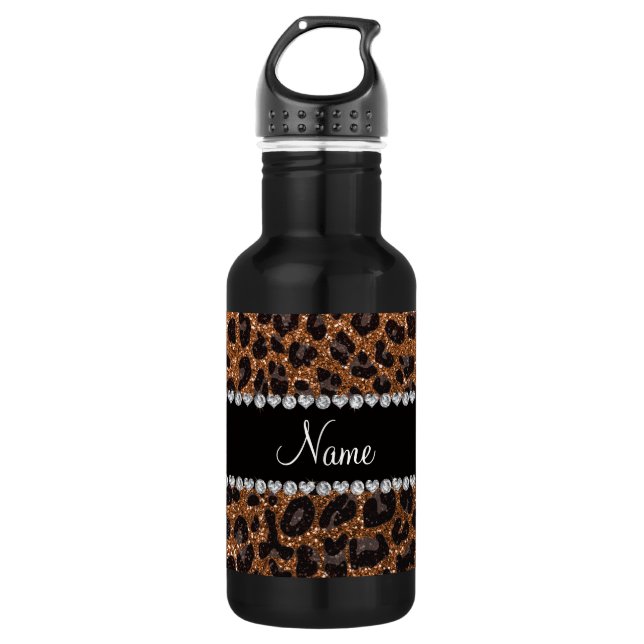 Custom name burnt gold glitter leopard print water bottle (Front)