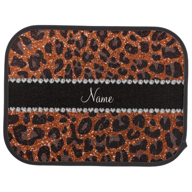 Custom name burnt orange glitter leopard print car floor mat (Rear)