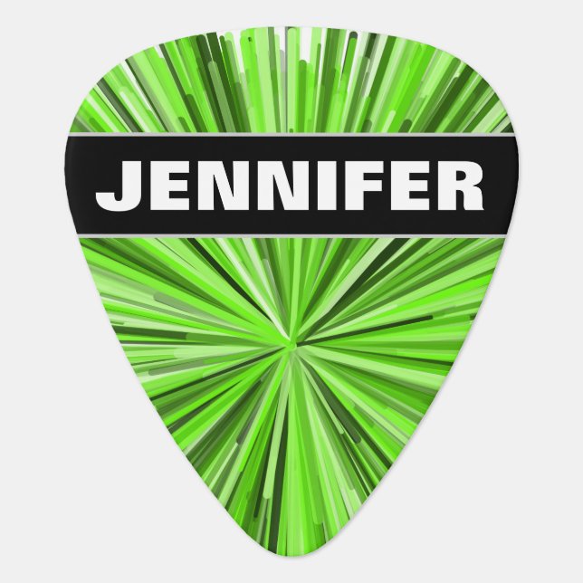 Custom Name + Burst of Green Lines Pattern Guitar Pick (Front)