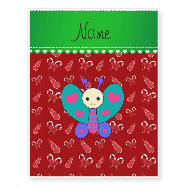 Custom name butterfly red candy canes snowmen temporary tattoos (Front)