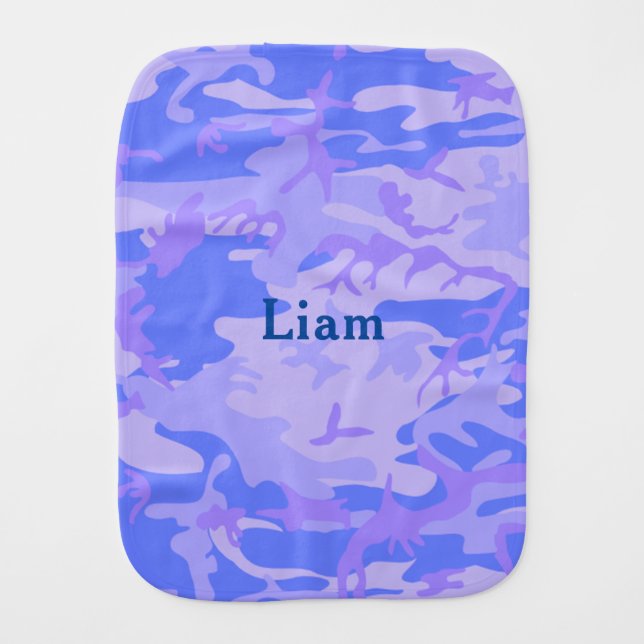 Custom Name Camouflage Pastel Blue Abstract Baby Burp Cloth (Front)