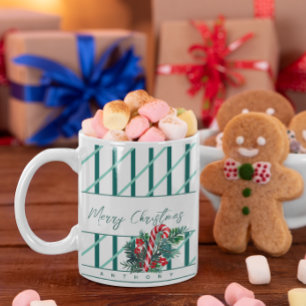 Custom Name Candy Cane & Green Stripes Christmas Coffee Mug