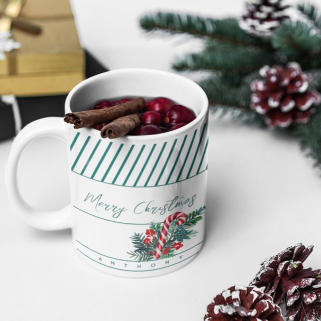 Custom Name | Candy Cane & Green Stripes Christmas Coffee Mug (Creator Uploaded)