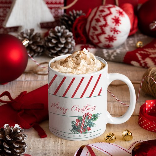 Custom Name  Candy Cane  Red Stripes Christmas Coffee Mug