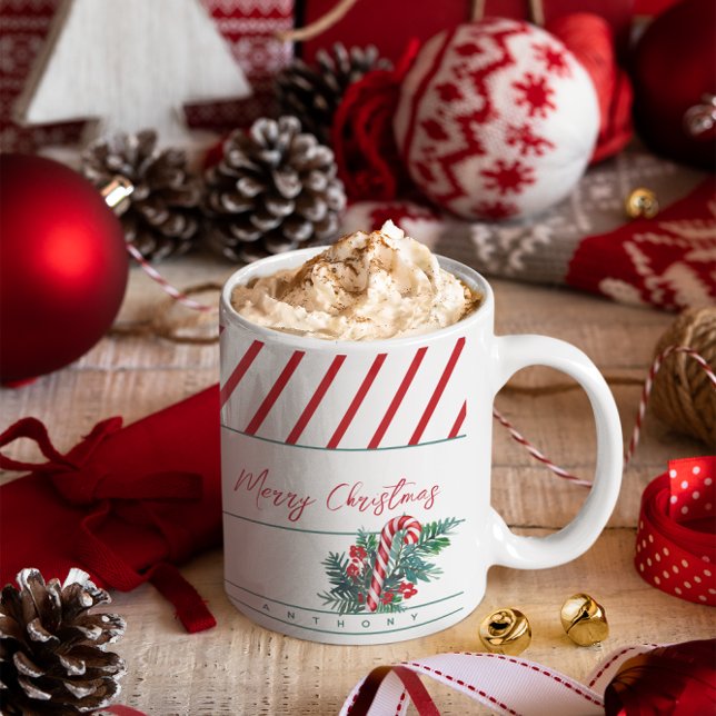 Custom Name | Candy Cane & Red Stripes Christmas Coffee Mug (Creator Uploaded)