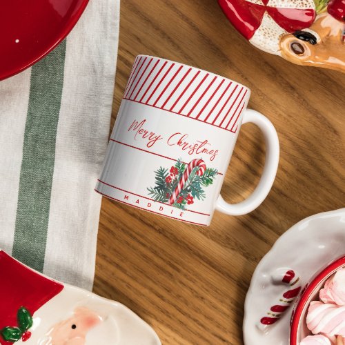 Custom Name  Candy Cane  Red Stripes Christmas Coffee Mug