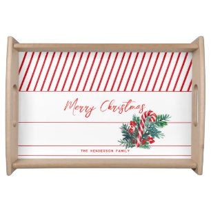 Custom Name   Candy Cane & Red Stripes Christmas Serving Tray