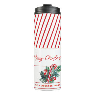 Custom Name Candy Cane & Red Stripes Christmas Thermal Tumbler