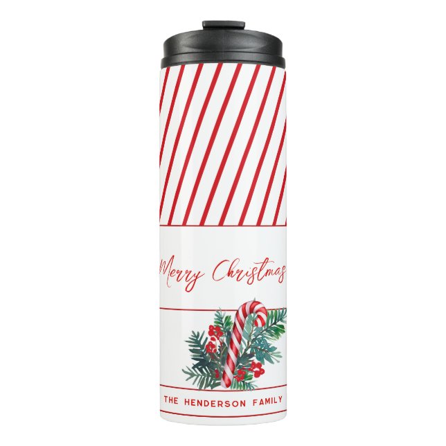 Custom Name | Candy Cane & Red Stripes Christmas Thermal Tumbler (Front)