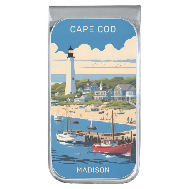 Custom Name Cape Cod Massachusetts Silver Finish Money Clip (Front Vertical)