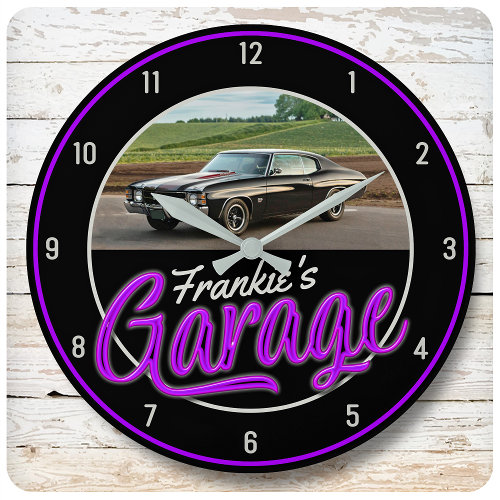 Custom NAME | CAR Photo Retro Neon Hot Rod Garage Large Clock