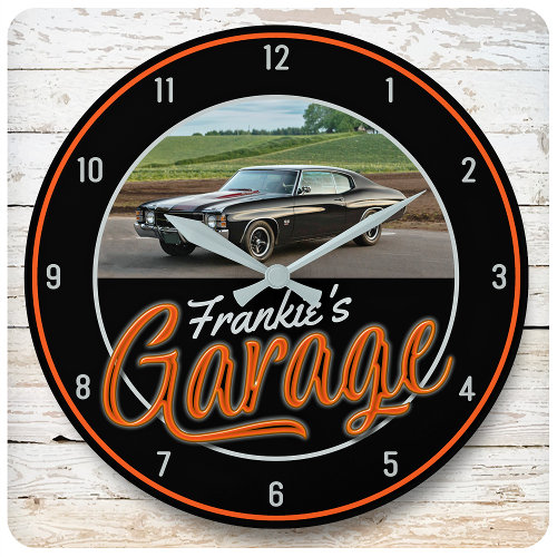 Custom NAME | CAR Photo Retro Neon Hot Rod Garage Large Clock