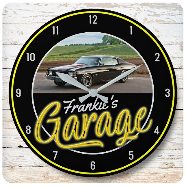 Custom NAME | CAR Photo Retro Neon Hot Rod Garage Large Clock (Creator Uploaded)