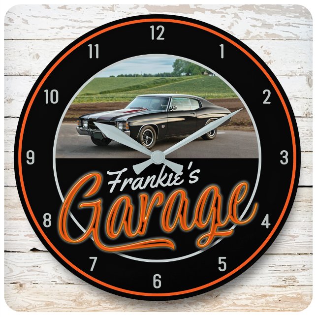 Custom NAME | CAR Photo Retro Neon Hot Rod Garage Large Clock (Creator Uploaded)