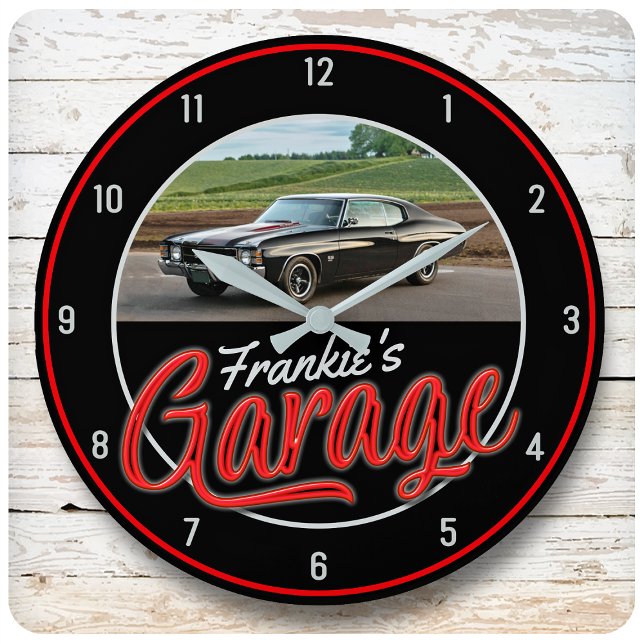 Custom NAME | CAR Photo Retro Neon Hot Rod Garage Large Clock (Creator Uploaded)