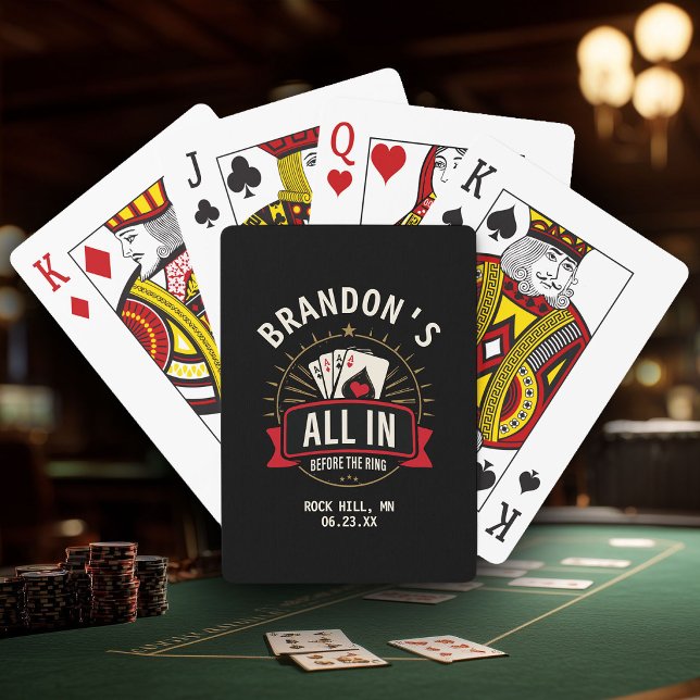 Custom Name Casino Bachelor Party Black Poker Cards (Black bachelor party playing card box with gold "All In Before the Ring" poker graphic)