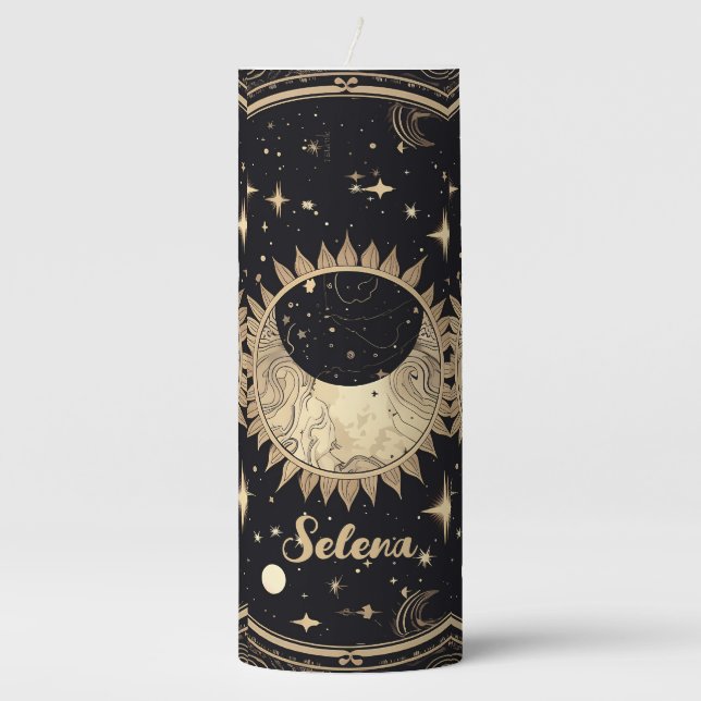 Custom Name Celestial Stars Sun Moon Pillar Candle (Front)
