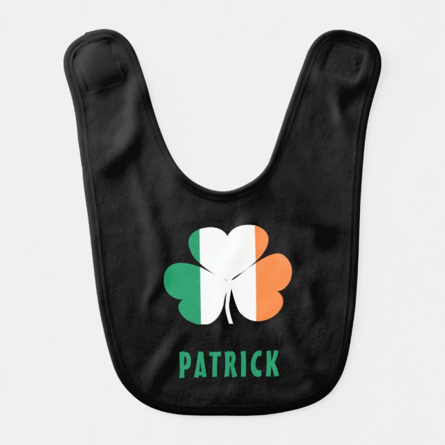 Custom Name Celtic Ireland Shamrock Irish Flag Baby Bib (Front)