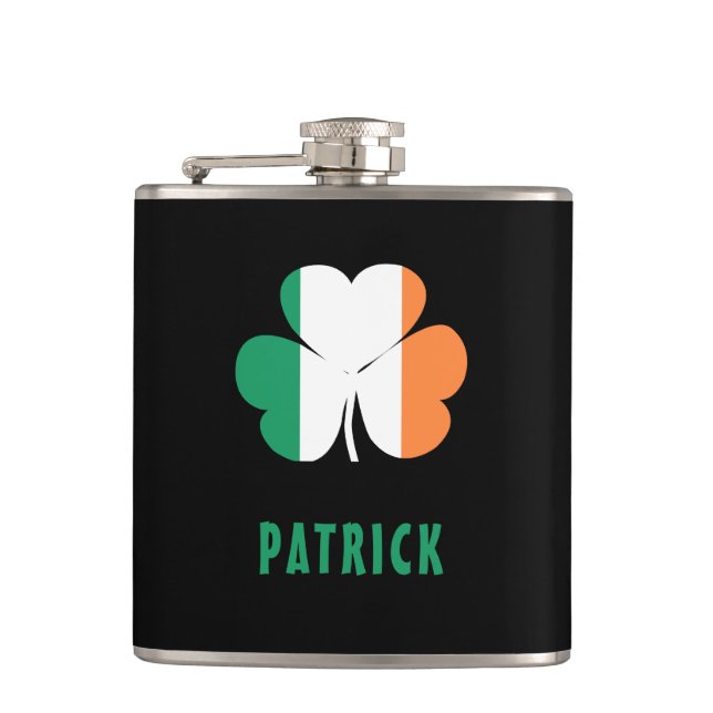 Custom Name Celtic Ireland Shamrock Irish Flag Flask (Front)