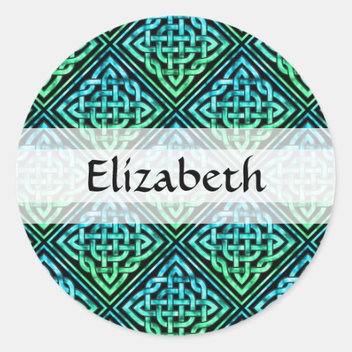 Custom Name Celtic Knot Blue Green Round Stickers