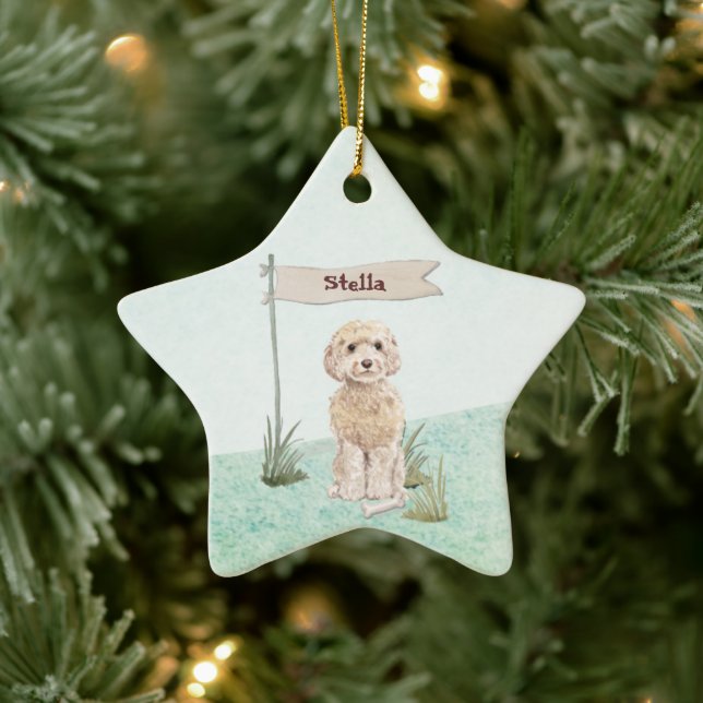Custom Name Champagne Cockapoo Pet Dog Ceramic Ornament (Tree)