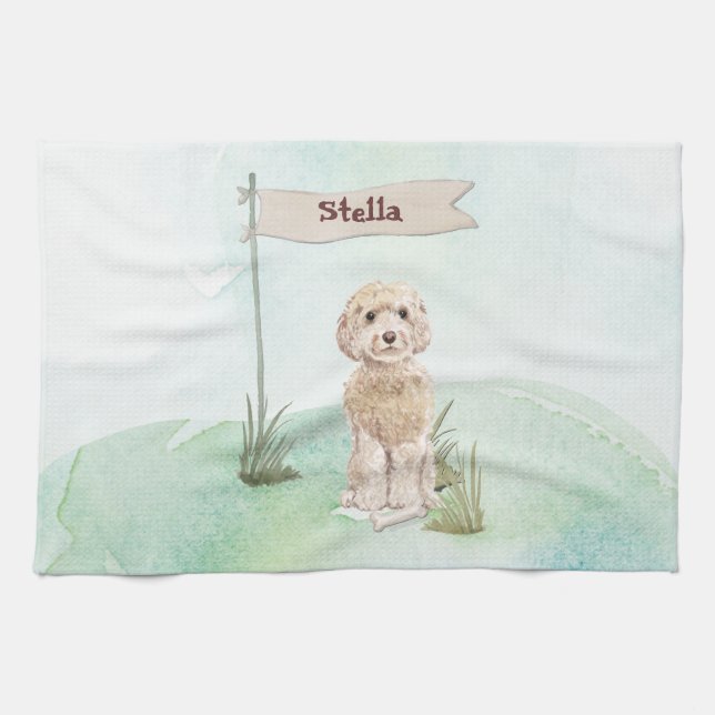 Custom Name Champagne Cockapoo Pet Dog Kitchen Towel (Horizontal)