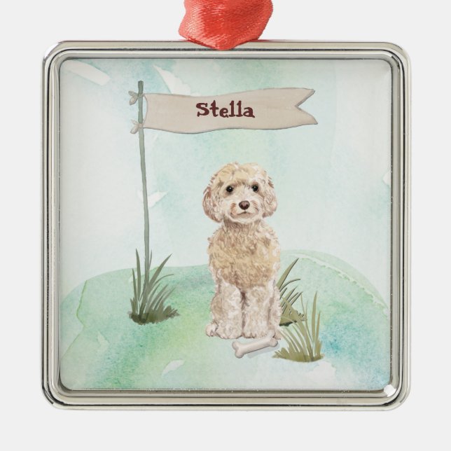 Custom Name Champagne Cockapoo Pet Dog Metal Ornament (Front)