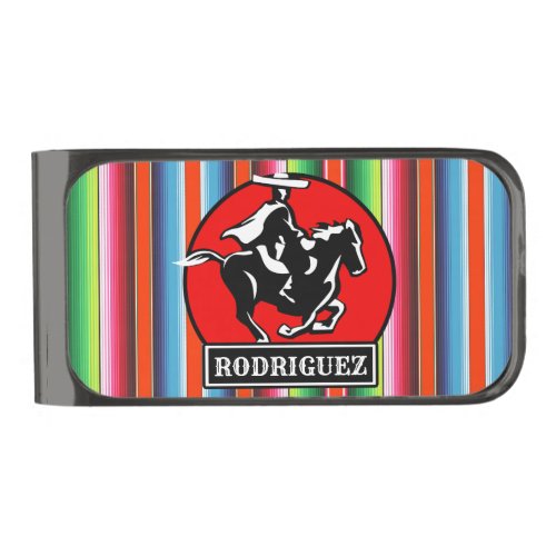 Custom NAME Charro Horse Spanish Mexican Serape Gunmetal Finish Money Clip