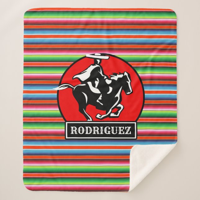 Custom NAME Charro Horse Spanish Mexican Serape Sherpa Blanket (Front)