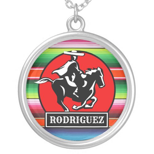 Custom NAME Charro Horse Spanish Mexican Serape Silver Plated Necklace