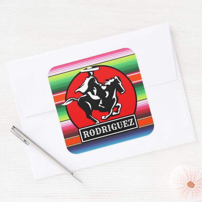 Custom NAME Charro Horse Spanish Mexican Serape Square Sticker (Envelope)