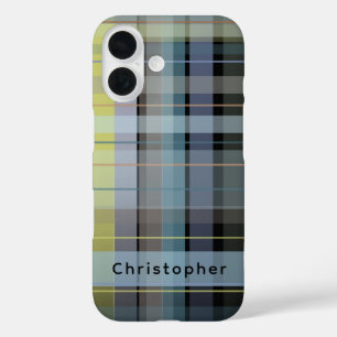 Custom Name Check Tartan Black Blue Lilac Stylish iPhone 16 Case